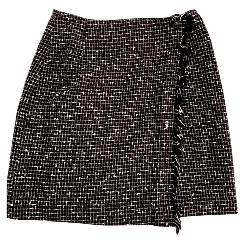 VTG 90s ESPRIT Black White Tweed Fringe Wrap High Waist Mini Skirt - sz 3 / 4
